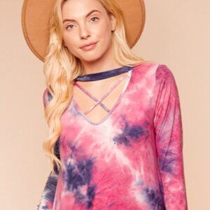 PLUS TIE DYE CRISS CROSS CHOKER TUNIC DRESS
